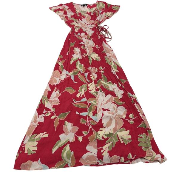 Lulus Dress Womens Small Red Heart of Marigold Red Tropical Print Wrap Maxi - Picture 2 of 13
